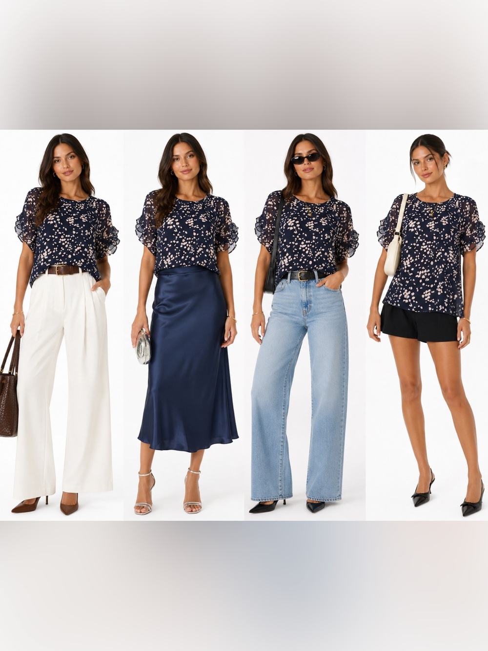 Madewell Navy Ruffle Sheer Puff-Sleeve Blouse Romantic Peasant Top 10 12 Large L
